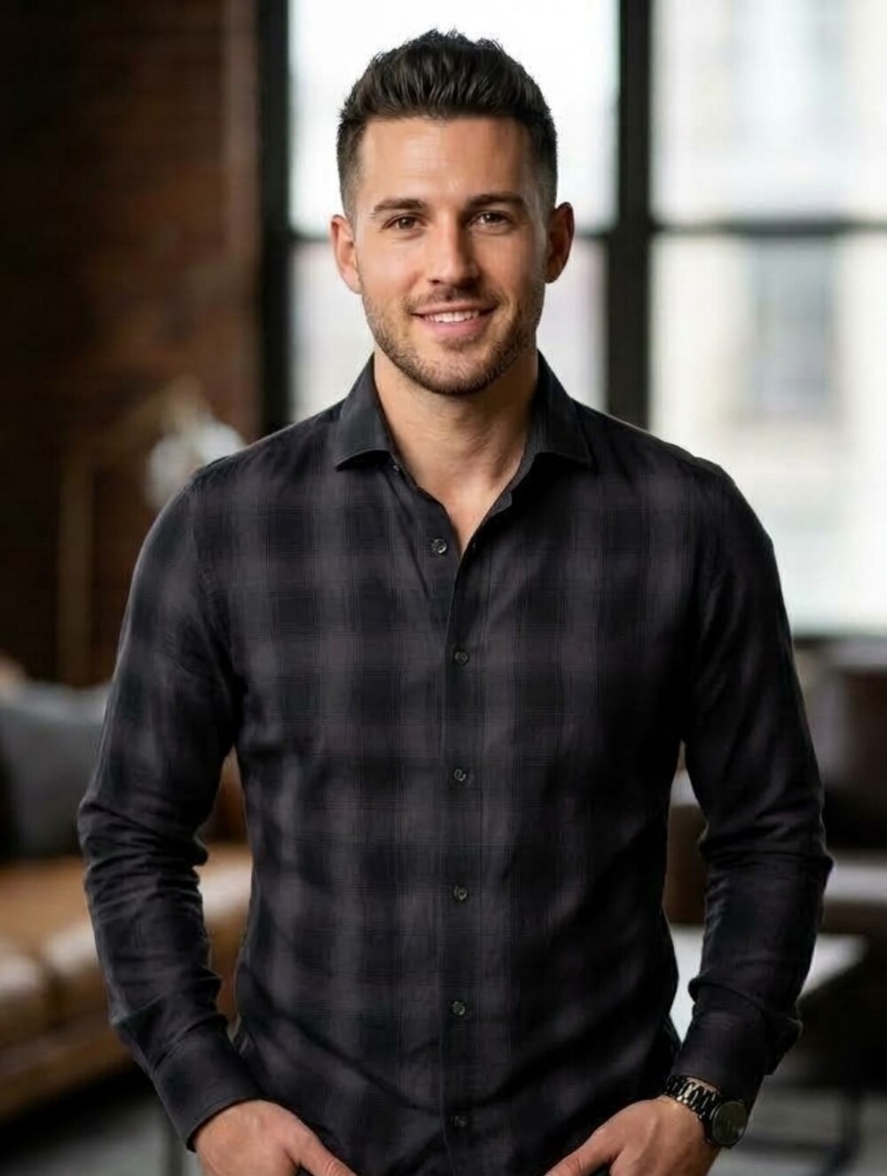 Men's Casual Purple Plaid Button-Down Shirt — Long Sleeve